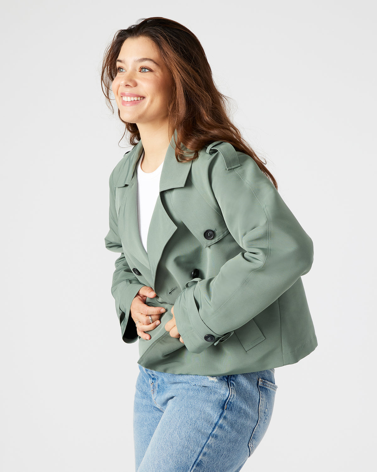 Steve Madden SIRUS Light Green Women's Cropped Denim Trench Coat