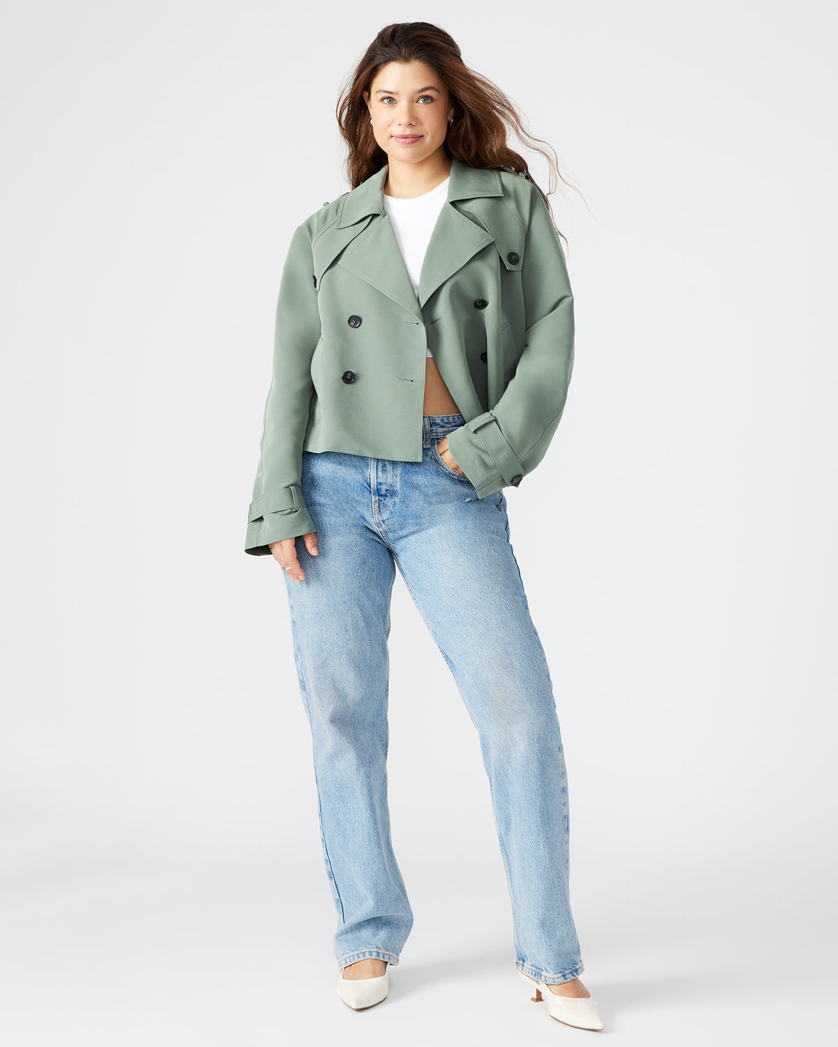 Steve Madden SIRUS Light Green Women's Cropped Denim Trench Coat
