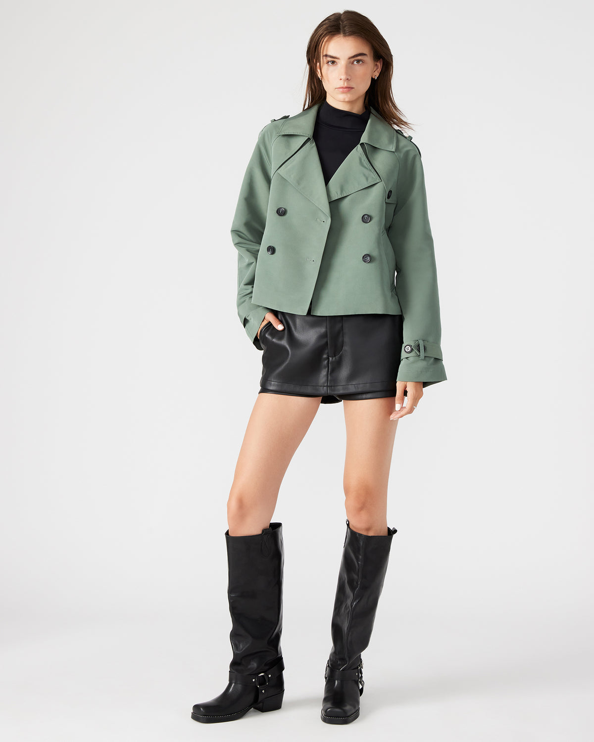 Steve Madden SIRUS Light Green Women's Cropped Denim Trench Coat