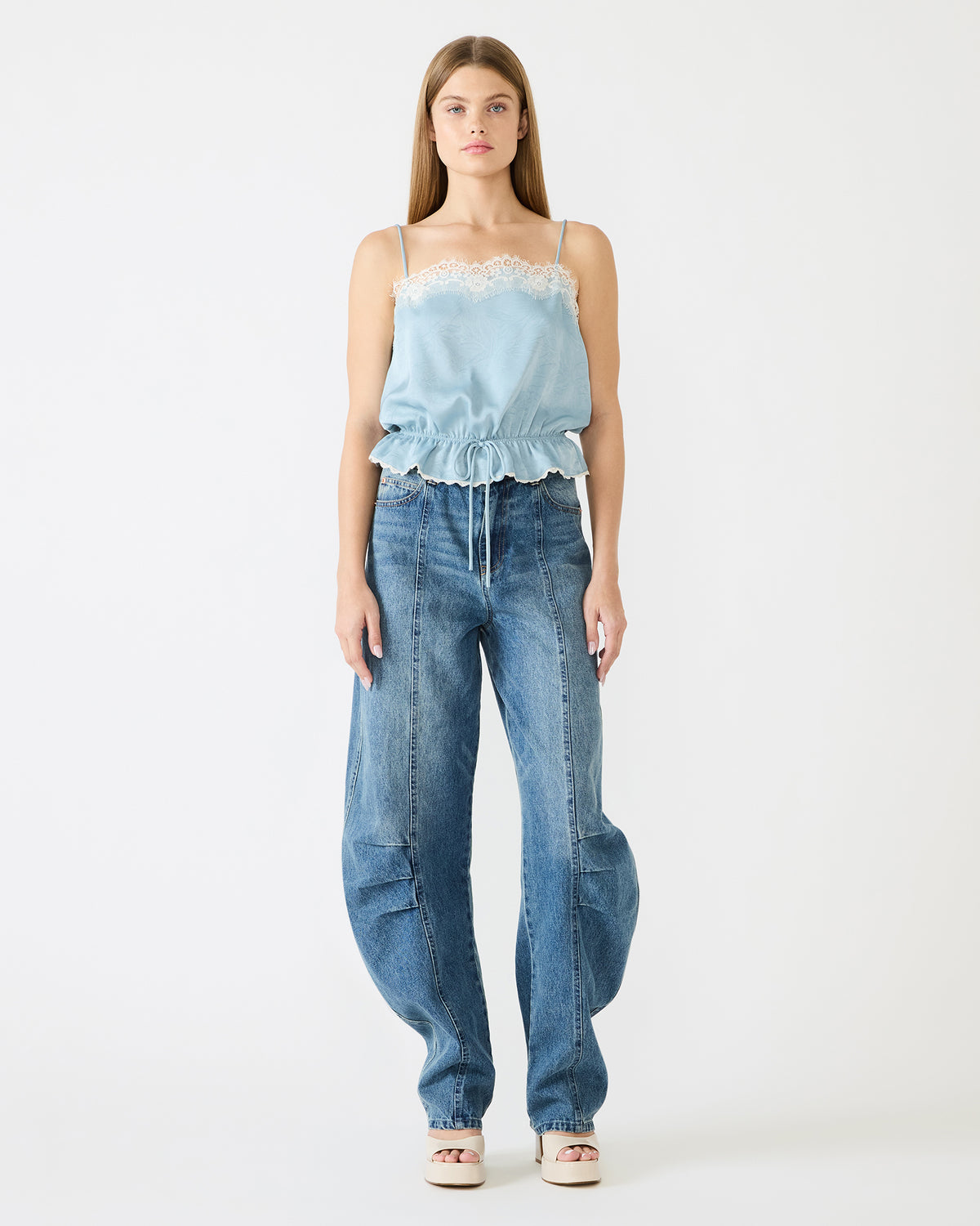 Steve Madden ROAN Dusty Blue Sleeveless Lace Trime Cinched Waist Women's Top