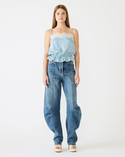 Steve Madden ROAN Dusty Blue Sleeveless Lace Trime Cinched Waist Women's Top