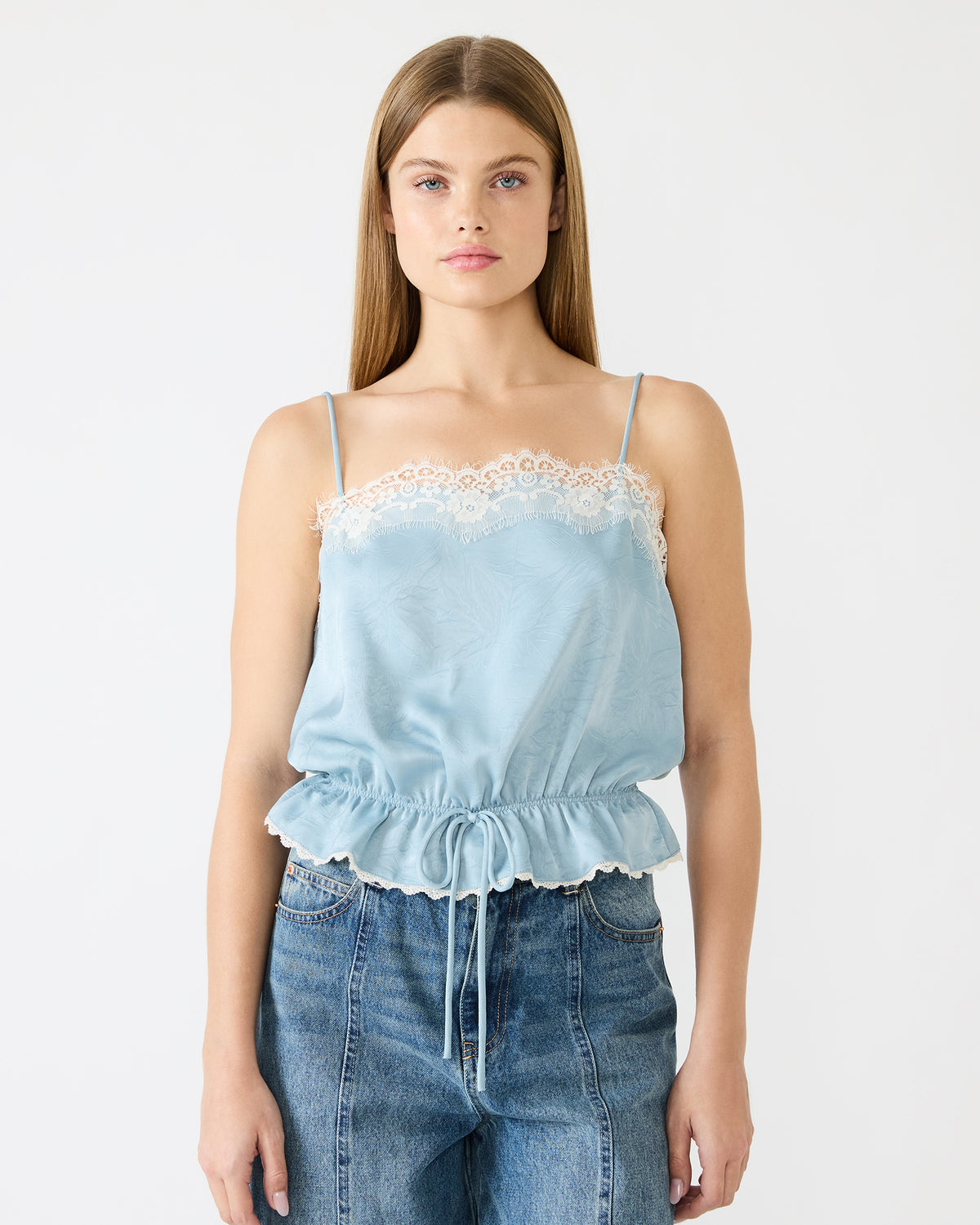 Steve Madden ROAN Dusty Blue Sleeveless Lace Trime Cinched Waist Women's Top