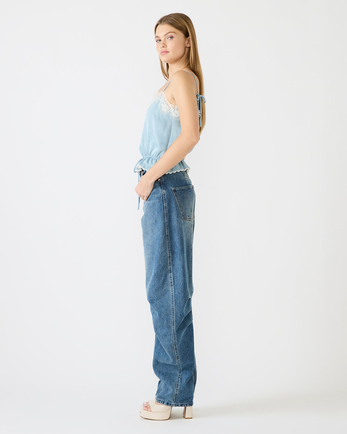 Steve Madden ROAN Dusty Blue Sleeveless Lace Trime Cinched Waist Women's Top