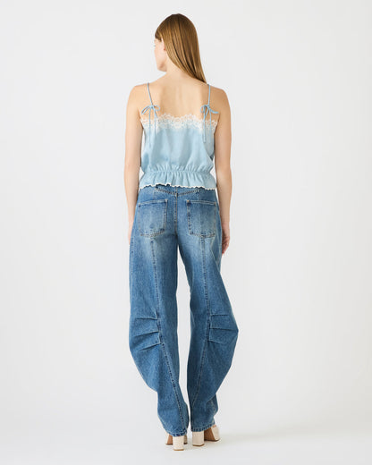Steve Madden ROAN Dusty Blue Sleeveless Lace Trime Cinched Waist Women's Top