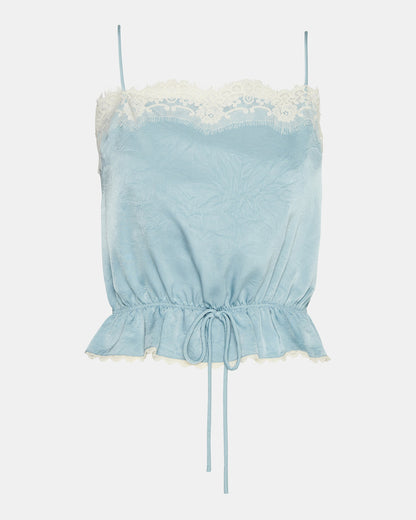 Steve Madden ROAN Dusty Blue Sleeveless Lace Trime Cinched Waist Women's Top