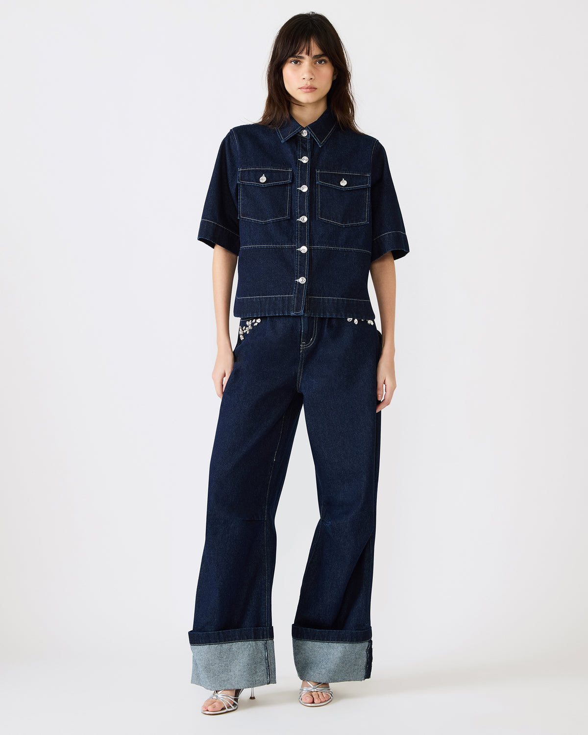 Steve Madden ELIANA Bijou Blue Short-Sleeved Button-Up Denim Women's Top