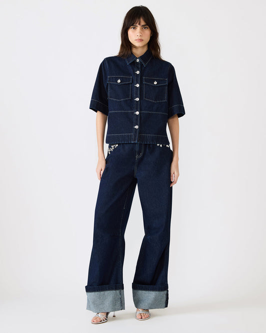 Steve Madden ELIANA Bijou Blue Short-Sleeved Button-Up Denim Women's Top