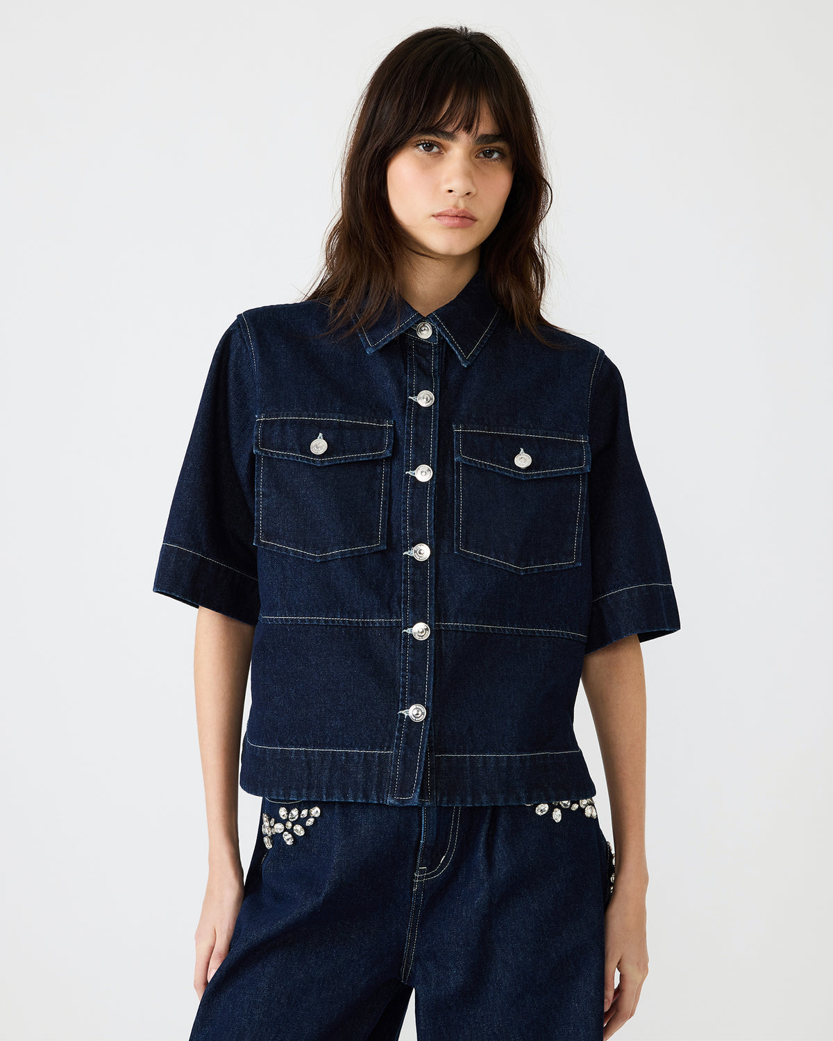 Steve Madden ELIANA Bijou Blue Short-Sleeved Button-Up Denim Women's Top