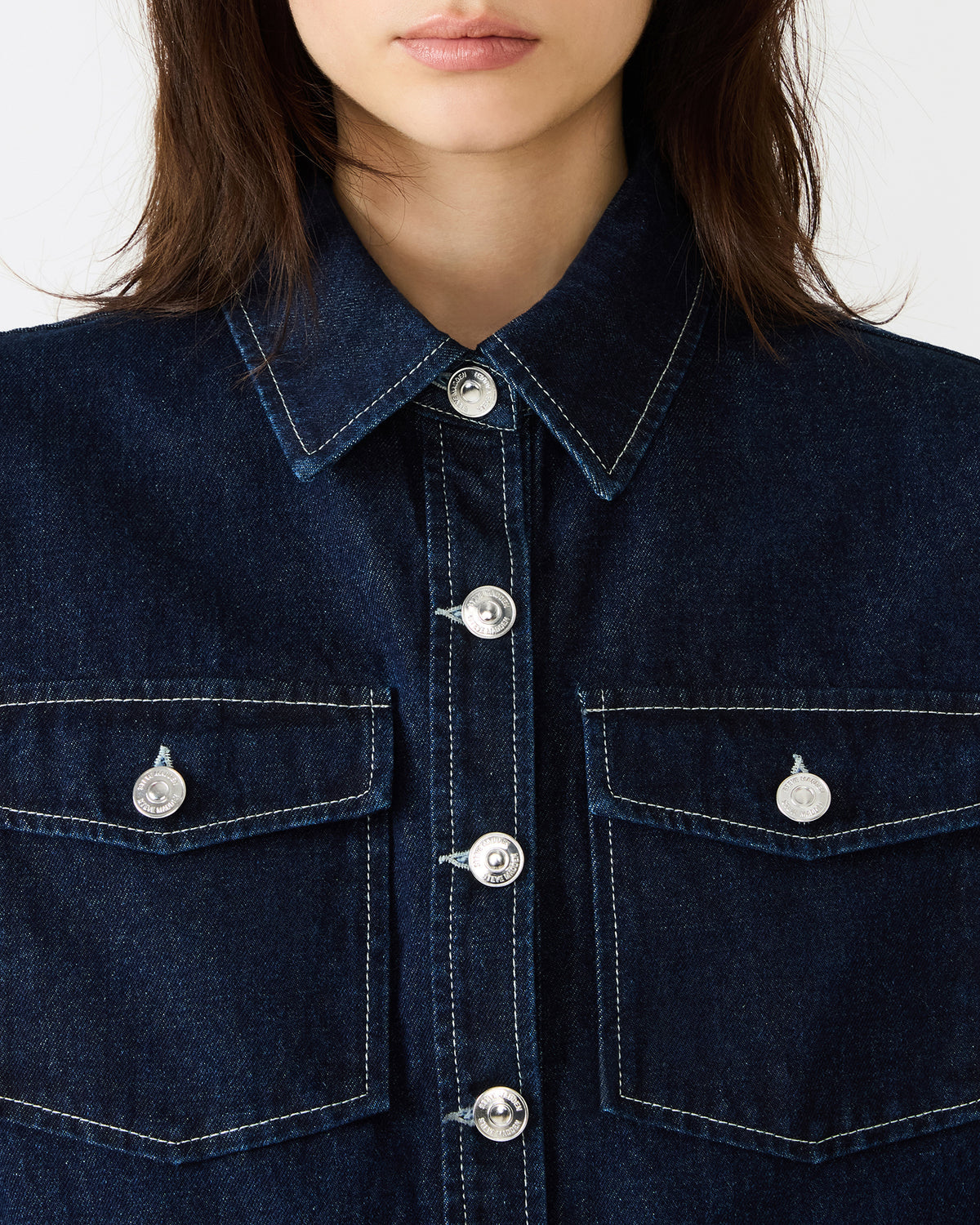 Steve Madden ELIANA Bijou Blue Short-Sleeved Button-Up Denim Women's Top