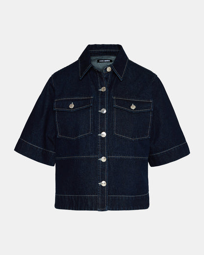 Steve Madden ELIANA Bijou Blue Short-Sleeved Button-Up Denim Women's Top