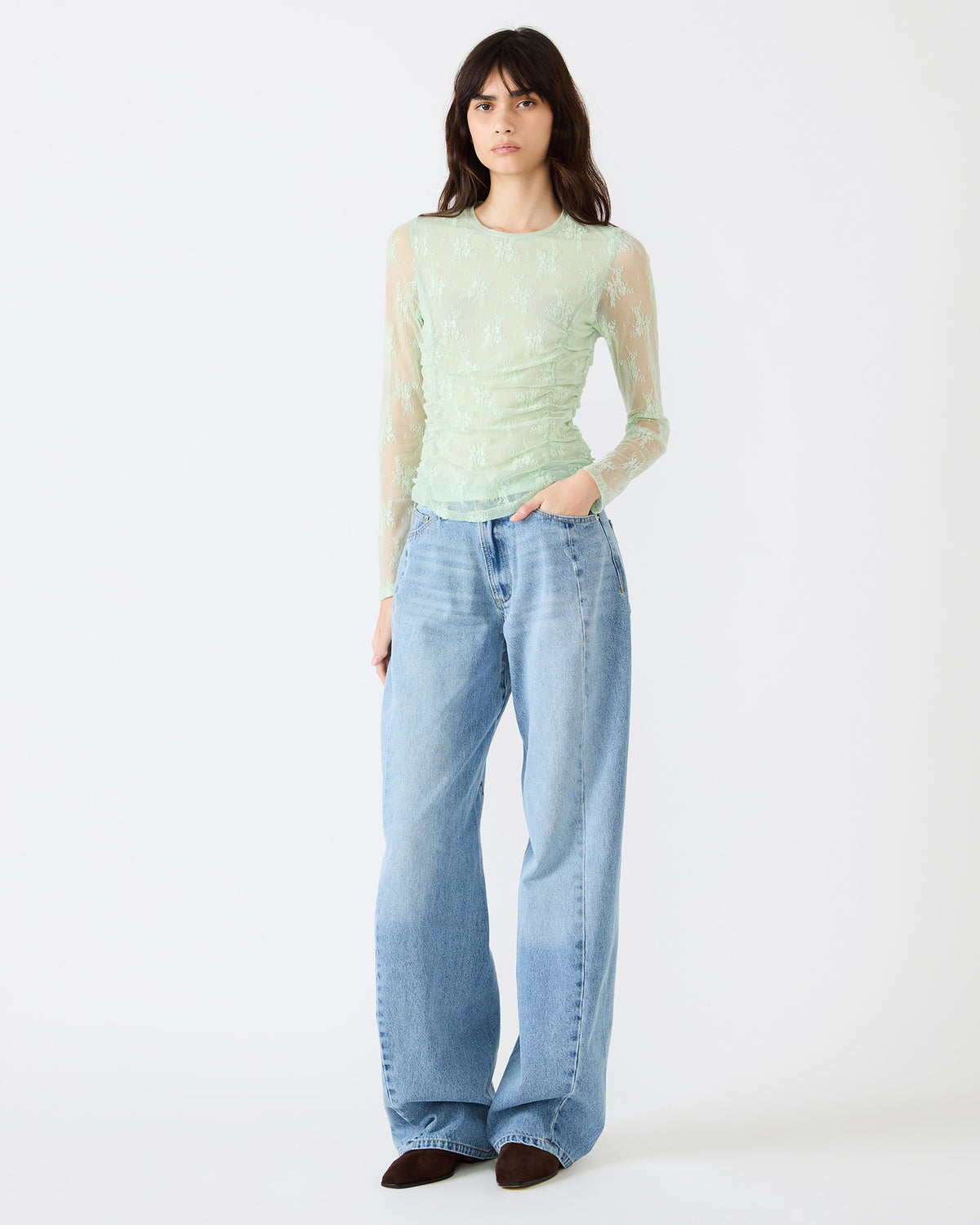 Steve Madden LUMA Bay Green Long-Sleeved Mesh Lace Women's Top