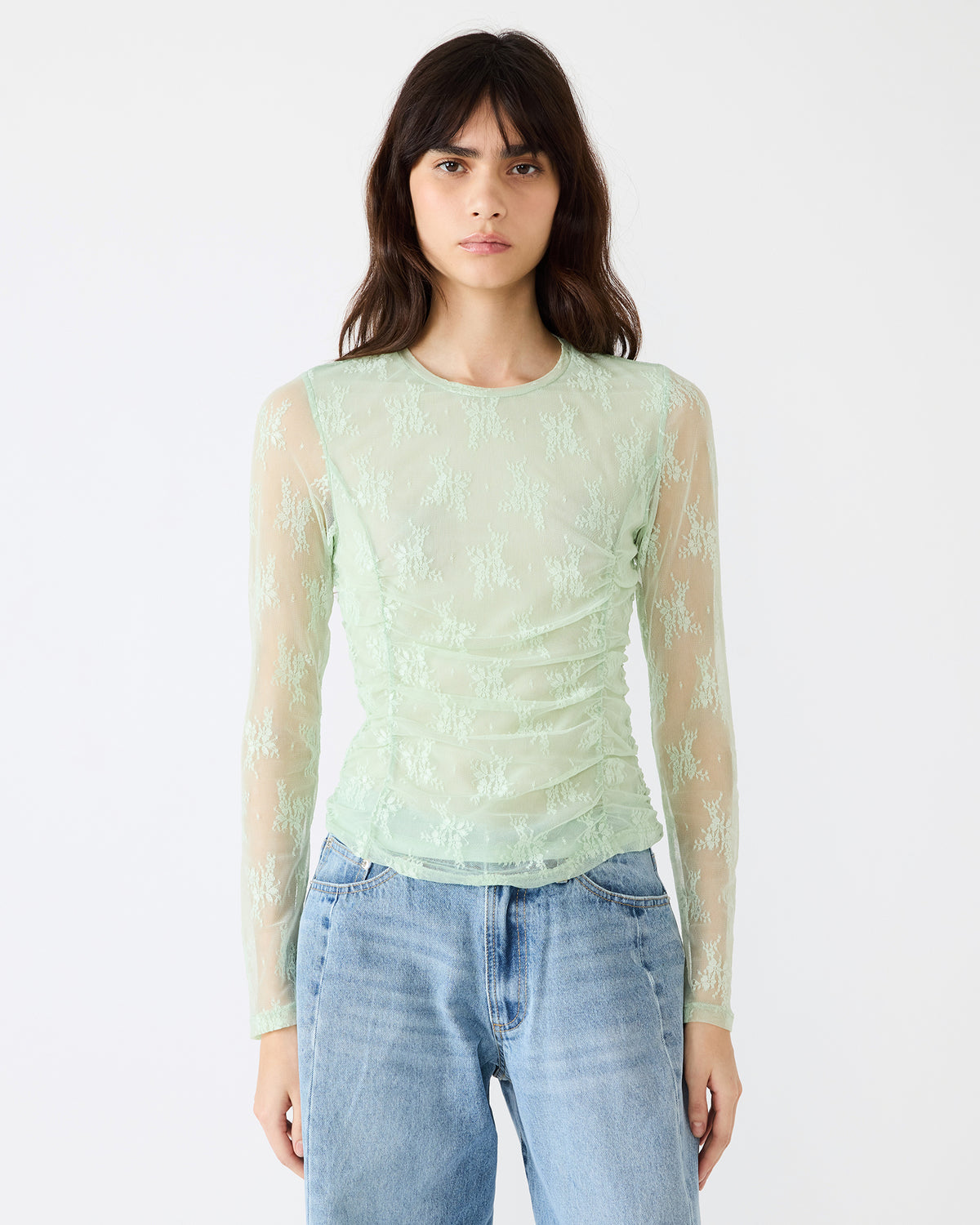 Steve Madden LUMA Bay Green Long-Sleeved Mesh Lace Women's Top