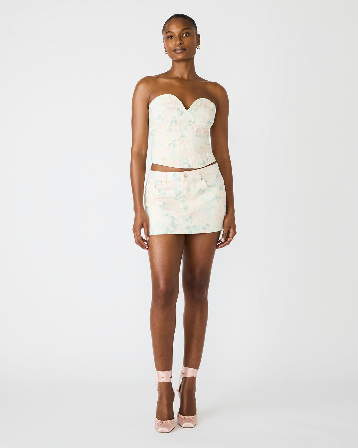 Steve Madden ROSELIA Peach Beige Floral Print Denim Strapless Corset Women's Top