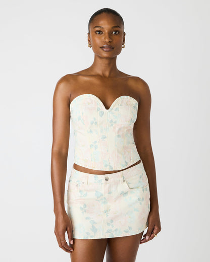 Steve Madden ROSELIA Peach Beige Floral Print Denim Strapless Corset Women's Top