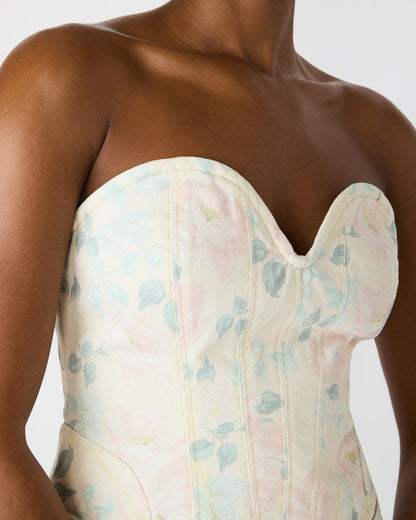 Steve Madden ROSELIA Peach Beige Floral Print Denim Strapless Corset Women's Top