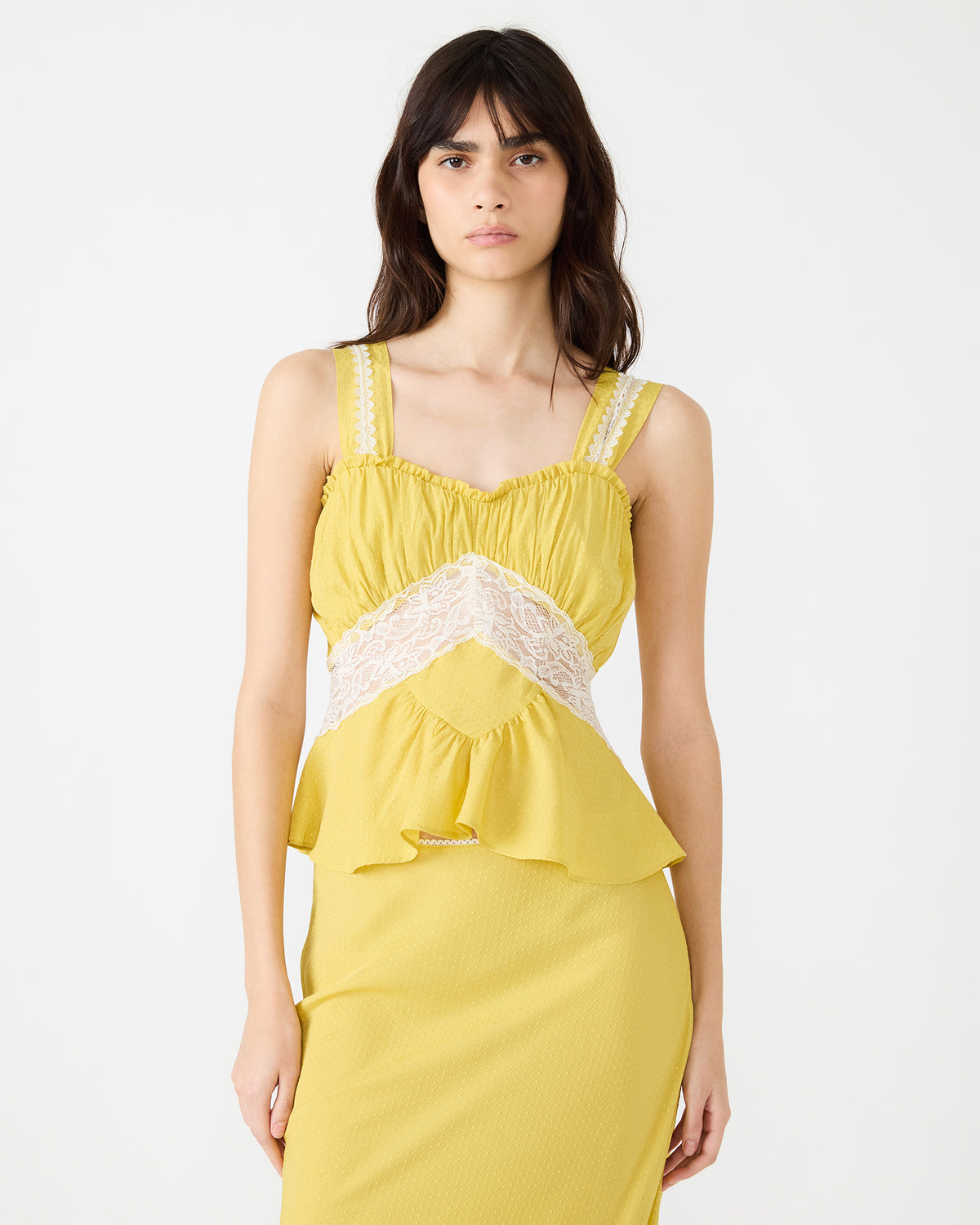Steve Madden CINTHIA Golden Lime Sleeveless Lace Trim Women's Top