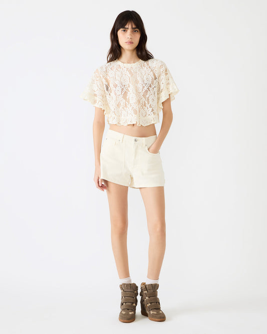 Steve Madden CALLUM Cream Short-Sleeved Mesh Lace Cropped Women's Top