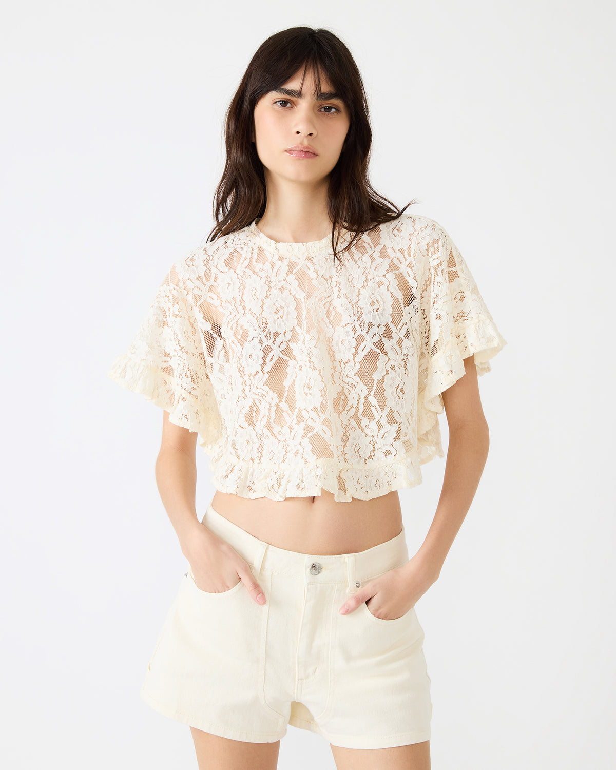Steve Madden CALLUM Cream Short-Sleeved Mesh Lace Cropped Women's Top