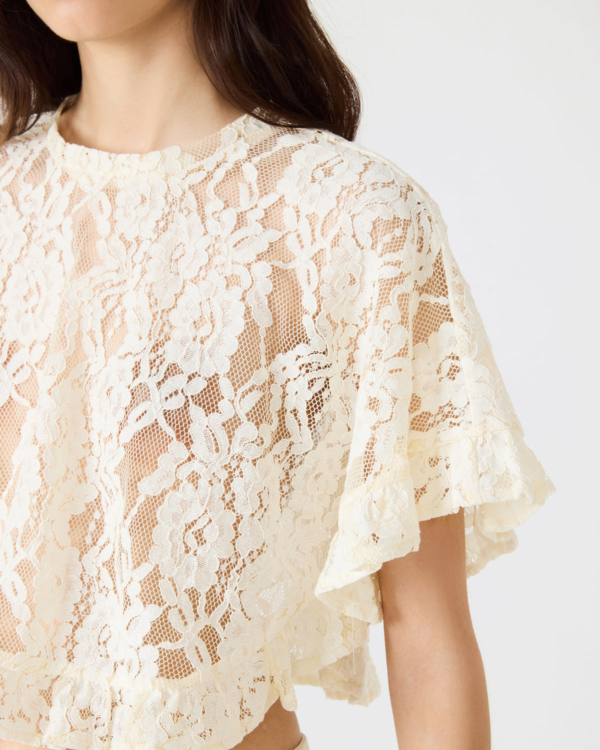 Steve Madden CALLUM Cream Short-Sleeved Mesh Lace Cropped Women's Top