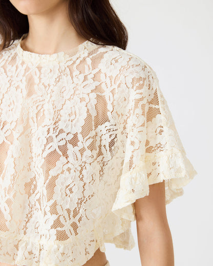Steve Madden CALLUM Cream Short-Sleeved Mesh Lace Cropped Women's Top
