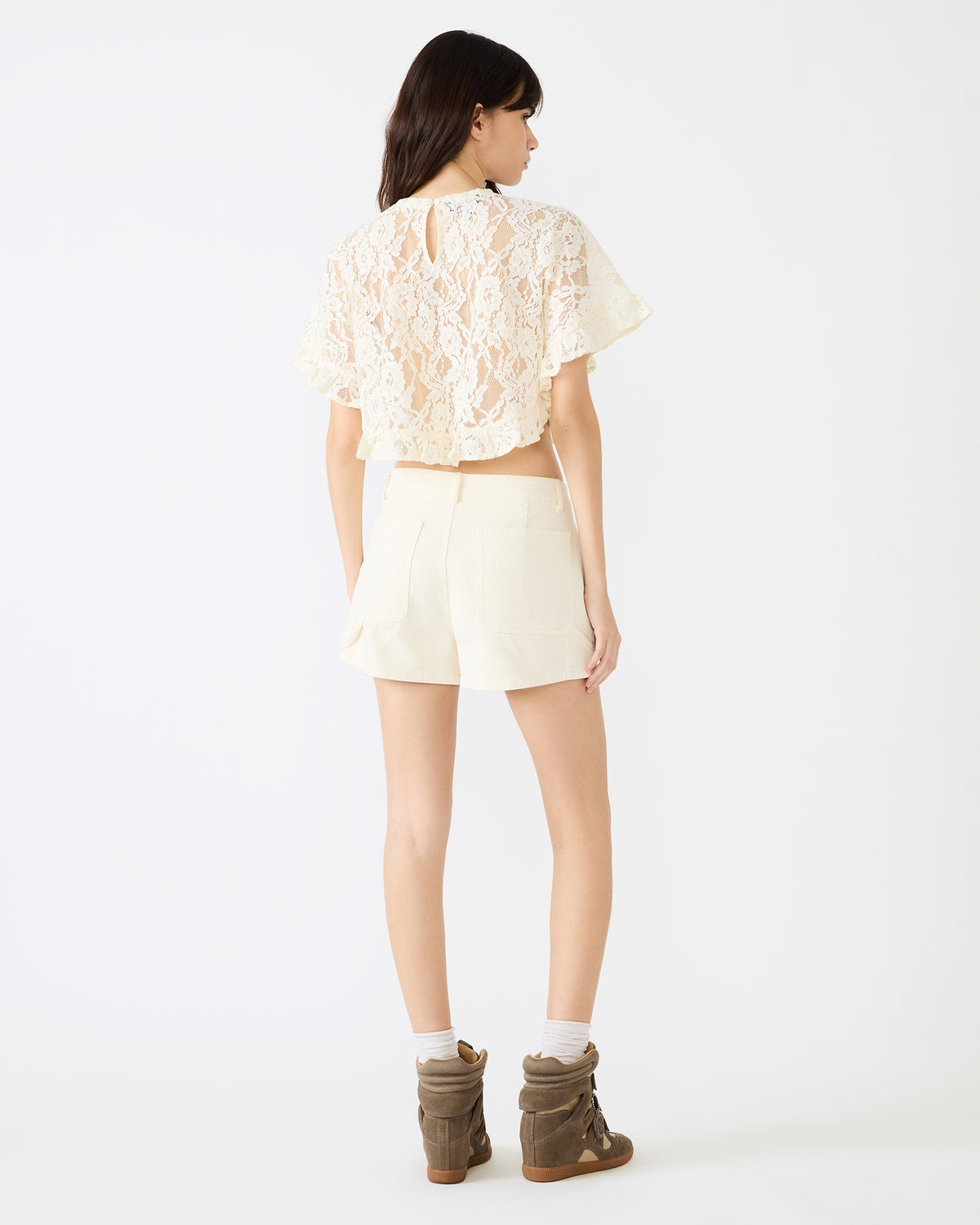 Steve Madden CALLUM Cream Short-Sleeved Mesh Lace Cropped Women's Top