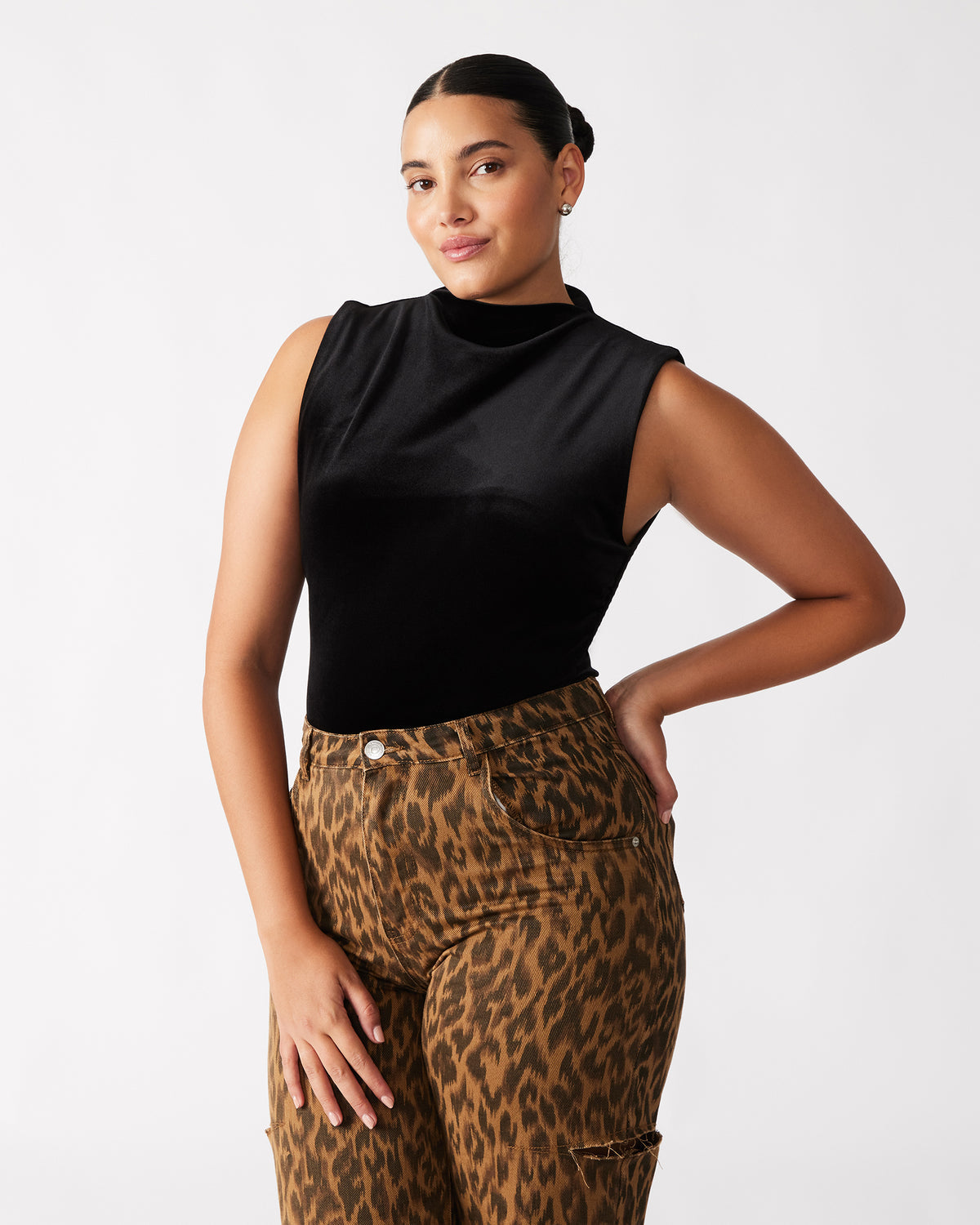 Steve Madden NIKOLA Black Women's Mock Neck Velvet Bodysuit
