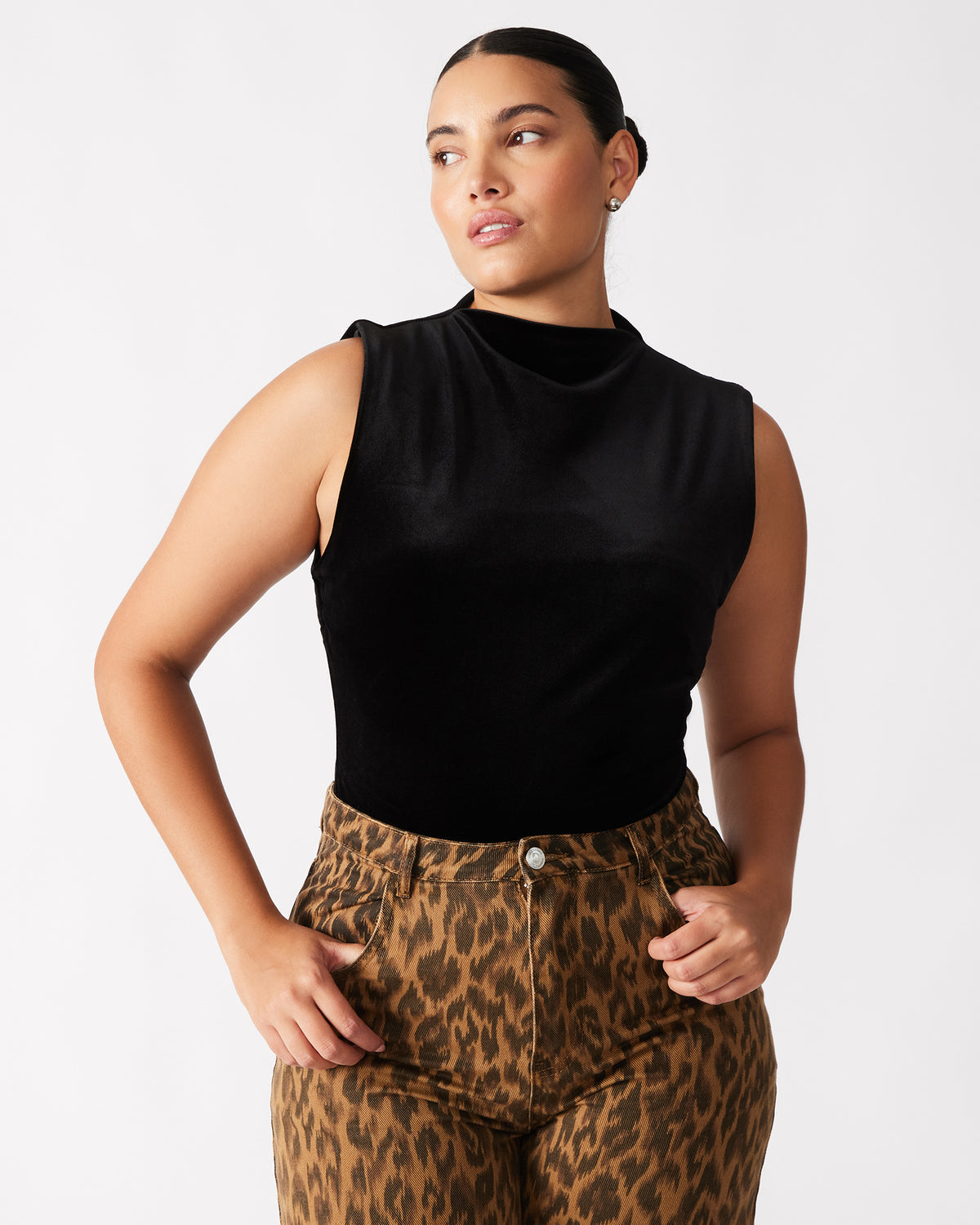 Steve Madden NIKOLA Black Women's Mock Neck Velvet Bodysuit