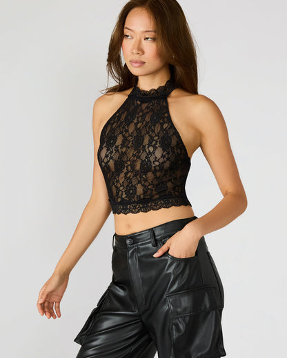 Steve Madden JUDY Black Lace Mesh Cropped Halter Women's Top