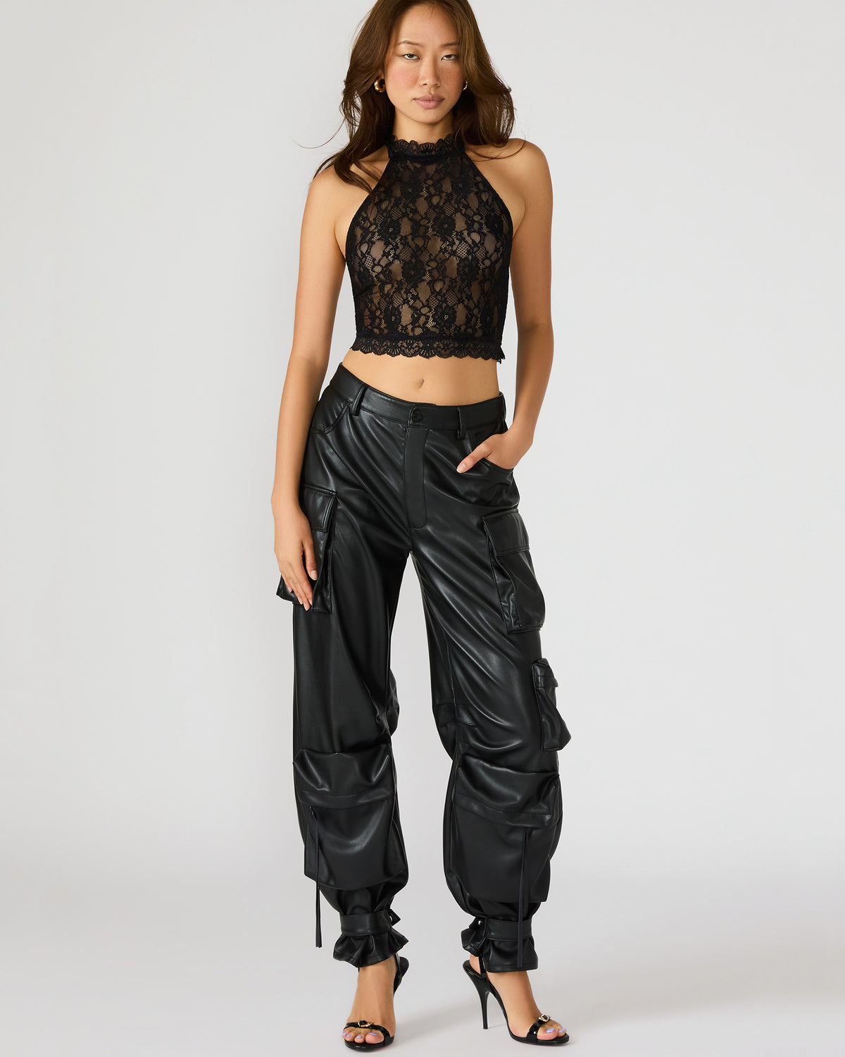 Steve Madden JUDY Black Lace Mesh Cropped Halter Women's Top