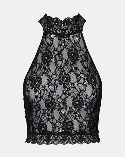 Steve Madden JUDY Black Lace Mesh Cropped Halter Women's Top