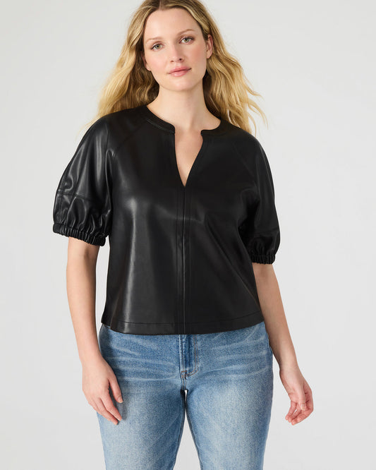 Steve Madden ROXANNE Black Short-Sleeved Faux Leather Puff Sleeve Women's Top