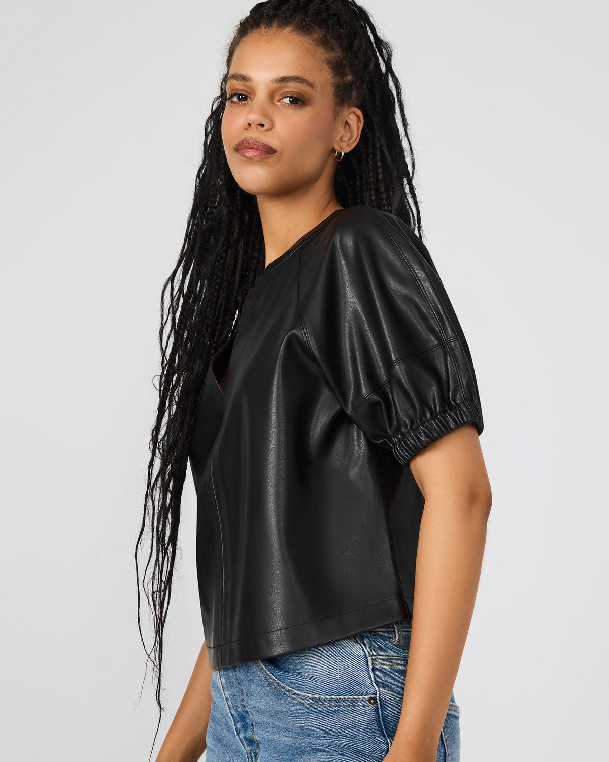 Steve Madden ROXANNE Black Short-Sleeved Faux Leather Puff Sleeve Women's Top