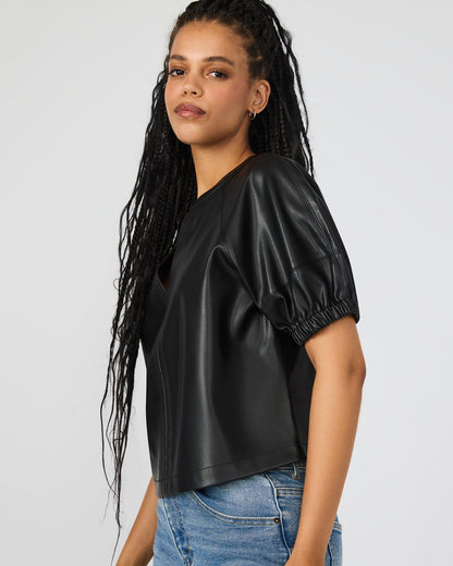 Steve Madden ROXANNE Black Short-Sleeved Faux Leather Puff Sleeve Women's Top
