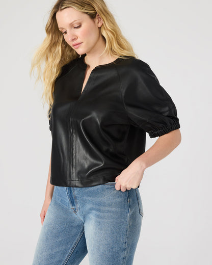 Steve Madden ROXANNE Black Short-Sleeved Faux Leather Puff Sleeve Women's Top