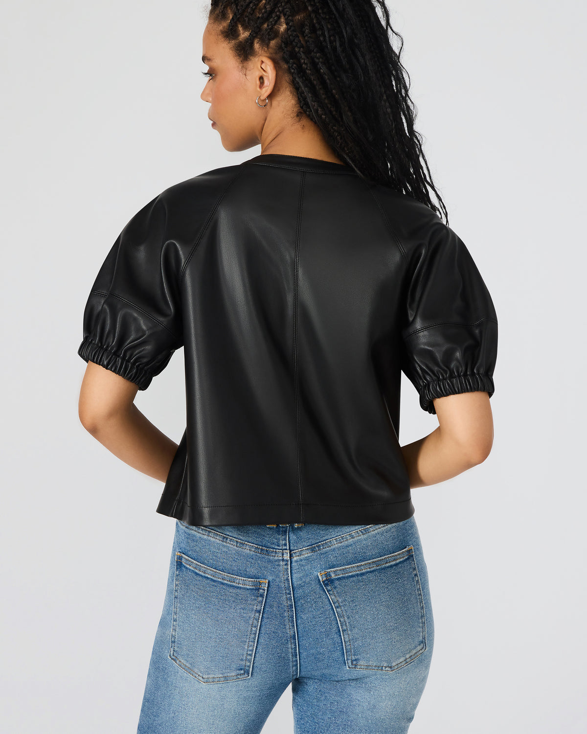 Steve Madden ROXANNE Black Short-Sleeved Faux Leather Puff Sleeve Women's Top