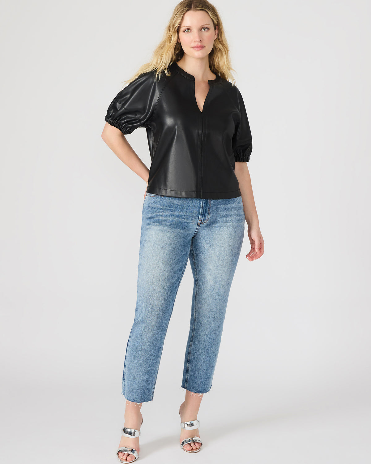 Steve Madden ROXANNE Black Short-Sleeved Faux Leather Puff Sleeve Women's Top