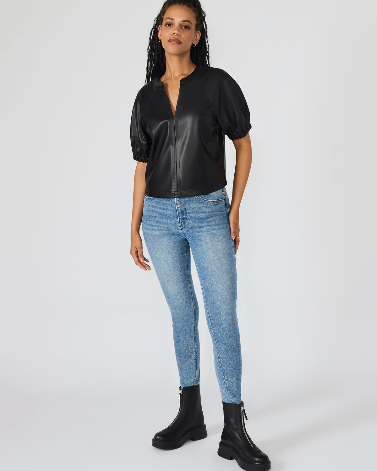Steve Madden ROXANNE Black Short-Sleeved Faux Leather Puff Sleeve Women's Top