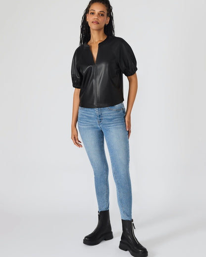 Steve Madden ROXANNE Black Short-Sleeved Faux Leather Puff Sleeve Women's Top