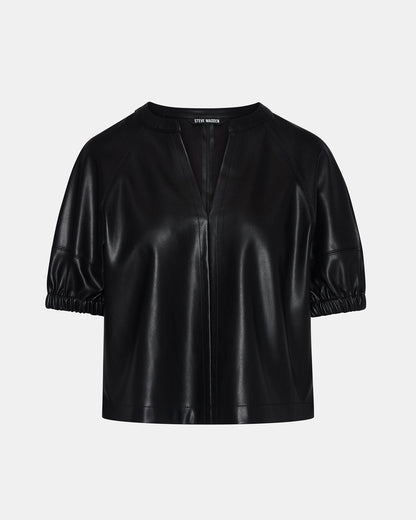 Steve Madden ROXANNE Black Short-Sleeved Faux Leather Puff Sleeve Women's Top