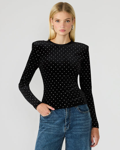 Steve Madden MADILYN Black Studded Velvet Long-Sleeved Rhinestone Embellished Women's Top