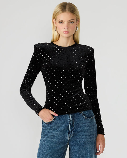 Steve Madden MADILYN Black Studded Velvet Long-Sleeved Rhinestone Embellished Women's Top
