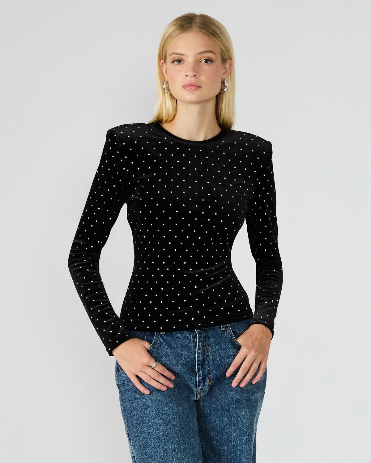 Steve Madden MADILYN Black Studded Velvet Long-Sleeved Rhinestone Embellished Women's Top