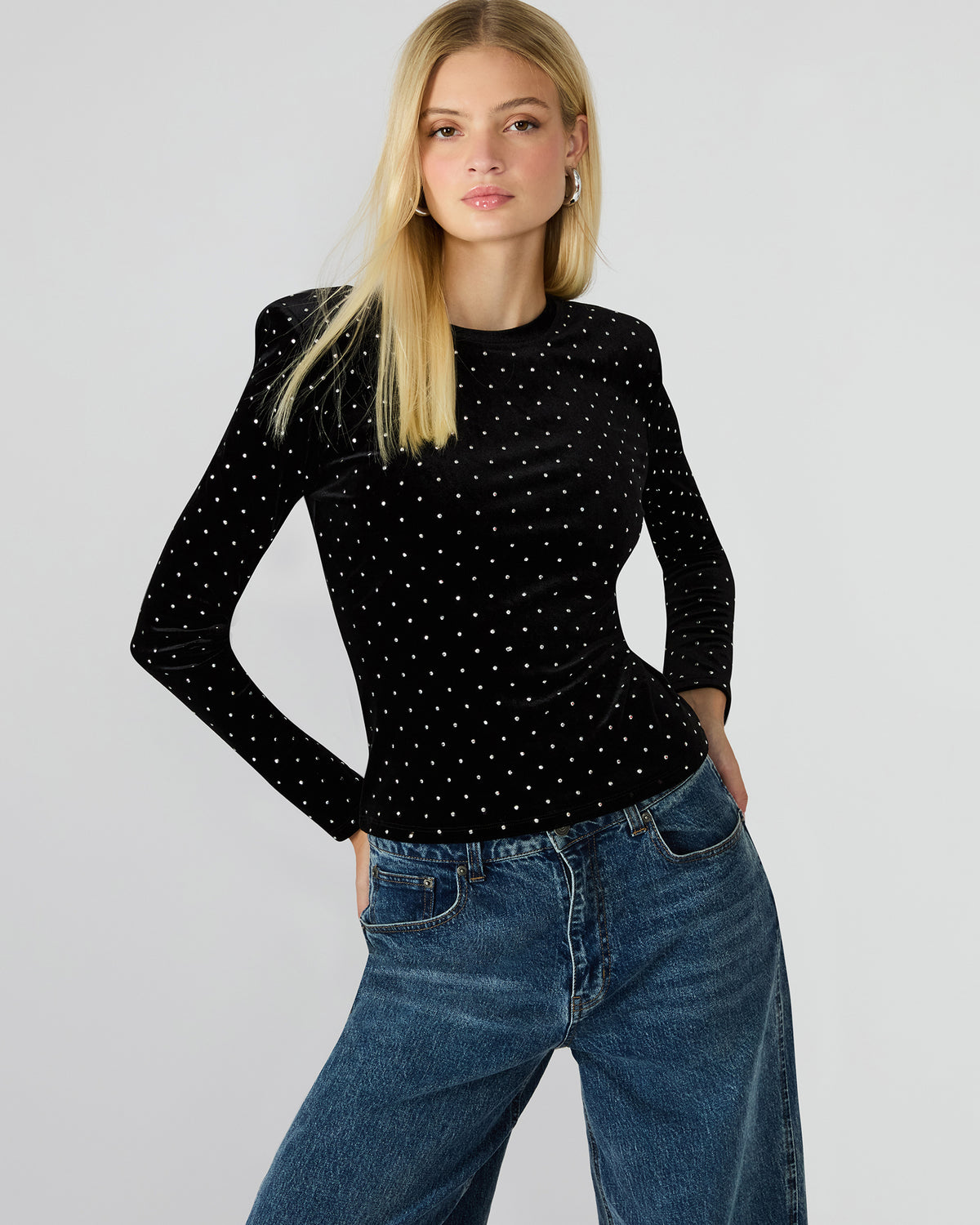 Steve Madden MADILYN Black Studded Velvet Long-Sleeved Rhinestone Embellished Women's Top