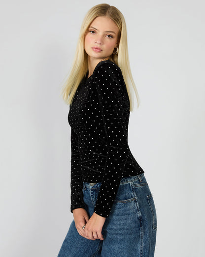 Steve Madden MADILYN Black Studded Velvet Long-Sleeved Rhinestone Embellished Women's Top