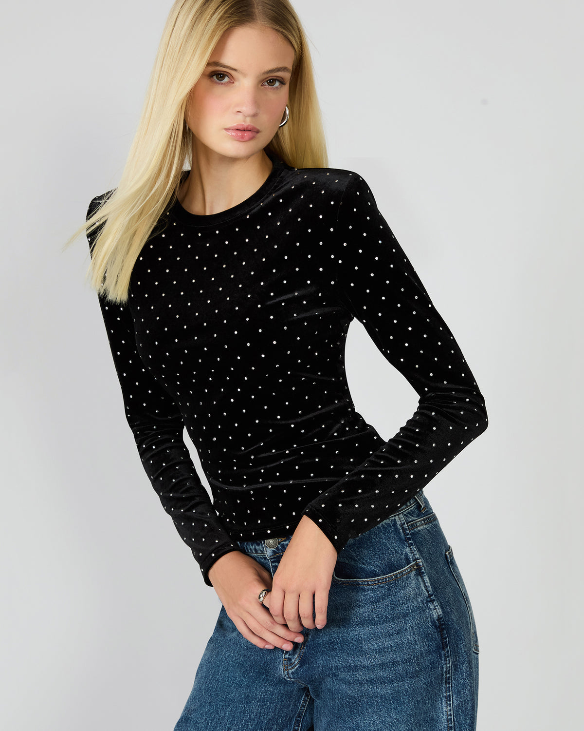 Steve Madden MADILYN Black Studded Velvet Long-Sleeved Rhinestone Embellished Women's Top