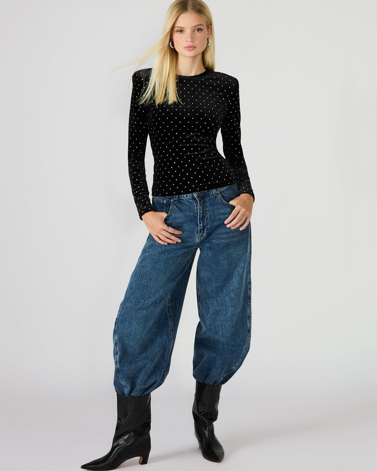 Steve Madden MADILYN Black Studded Velvet Long-Sleeved Rhinestone Embellished Women's Top