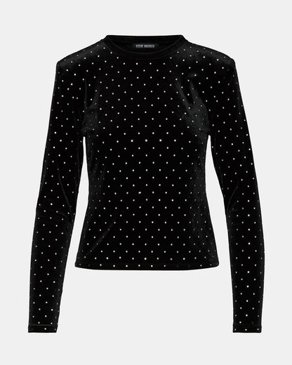 Steve Madden MADILYN Black Studded Velvet Long-Sleeved Rhinestone Embellished Women's Top