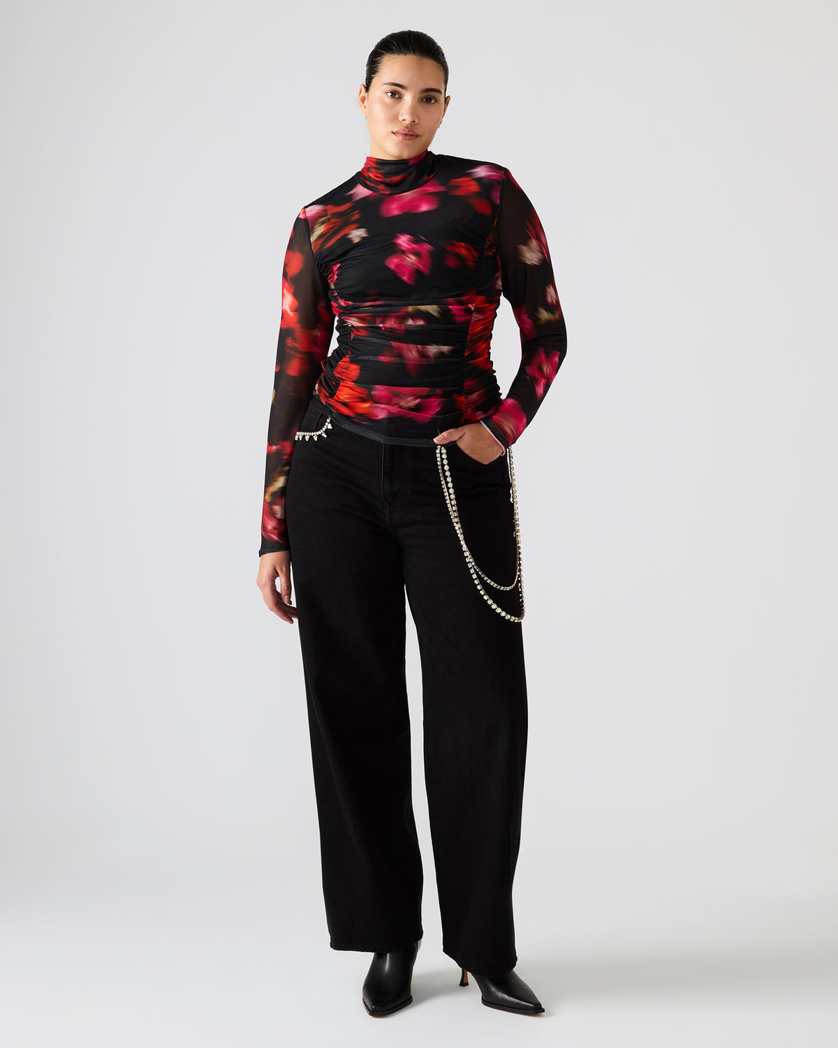 Steve Madden TAYLORE Blurry Floral Long-Sleeved Sheer Mesh Fabric Women's Top