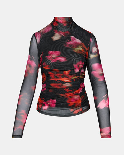 Steve Madden TAYLORE Blurry Floral Long-Sleeved Sheer Mesh Fabric Women's Top