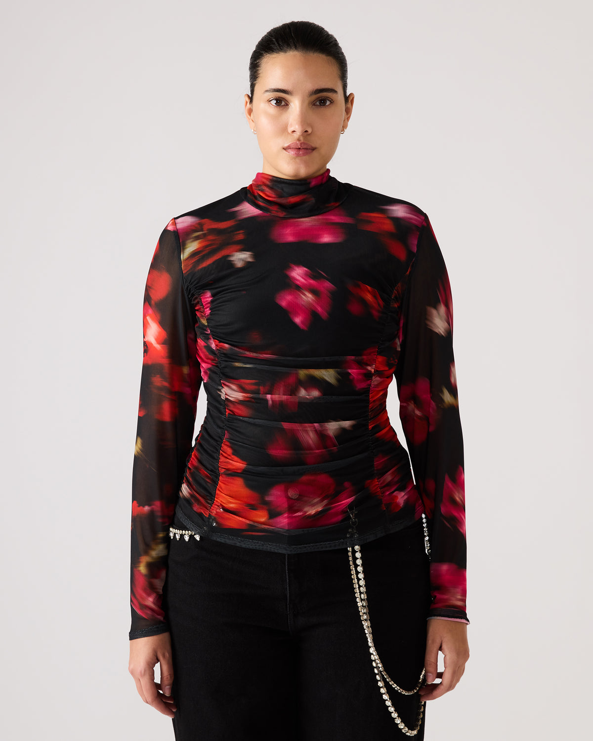 Steve Madden TAYLORE Blurry Floral Long-Sleeved Sheer Mesh Fabric Women's Top
